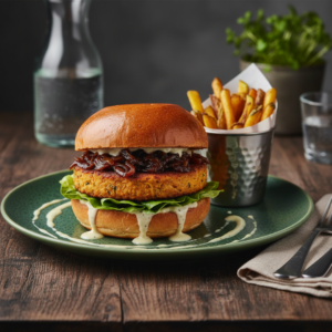 urger végétal de la Cour avec galette de lentille corail, oignons confits et sauce yaourt.
