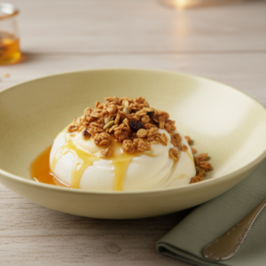 Fromage blanc fermier nappé de miel local et saupoudré de granola maison croustillant.