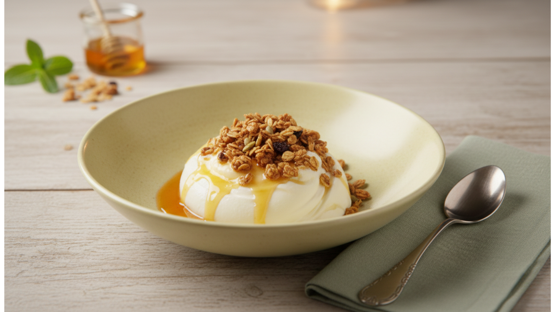 fromage blanc fermier au miel du 11e et granola croustillant maison Fromage blanc fermier nappé de miel local et saupoudré de granola maison croustillant.