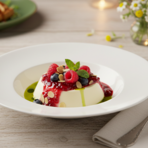 Panna cotta au lait d'amande sans lactose nappée de coulis de fruits rouges