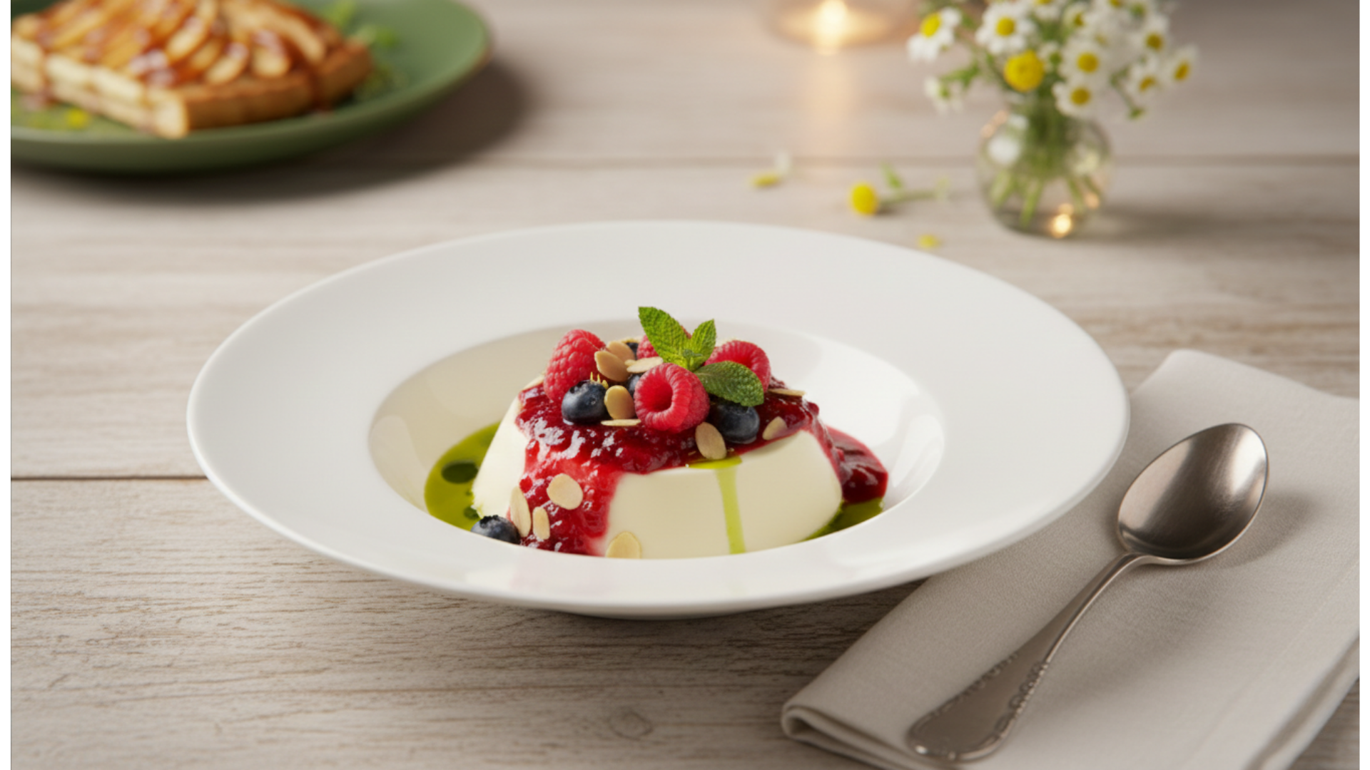 panna cotta au lait d’amande et coulis de fruits rouges Panna cotta au lait d'amande sans lactose nappée de coulis de fruits rouges