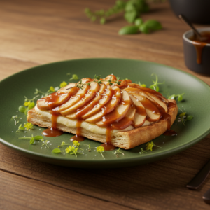 Tarte fine aux pommes croustillante avec caramel au beurre salé et crème d'amande.