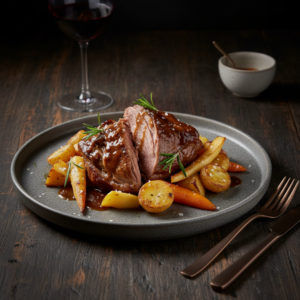Assiette d'épaule d'agneau confite 7h au romarin servie avec légumes rôtis et pommes de terre grenailles.