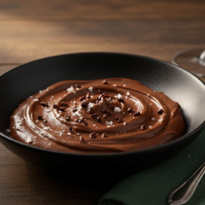 Mousse au chocolat noir grand cru avec éclats de fèves de cacao et fleur de sel.