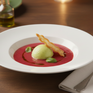 Soupe froide de fraises gariguettes à la verveine servie avec sorbet citron-basilic et tuile croustillante.