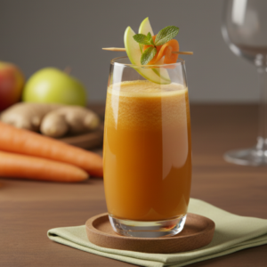 Verre de jus frais pressé minute aux pommes, carottes et gingembre